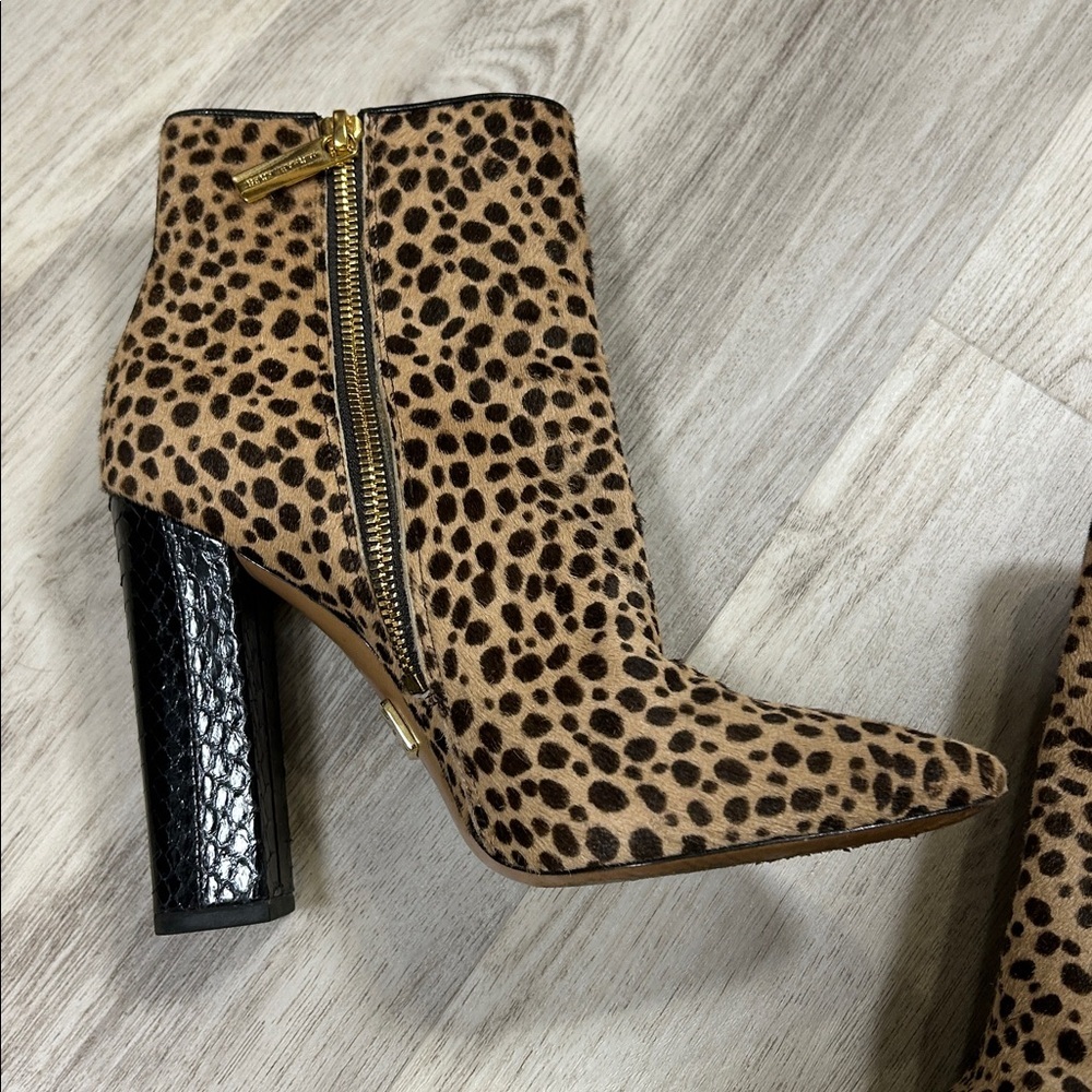 Michael Kors Leopard Calf Hair Embossed Leather Gold Zip Chunky Heel Ankle Boots - Picture 7 of 16